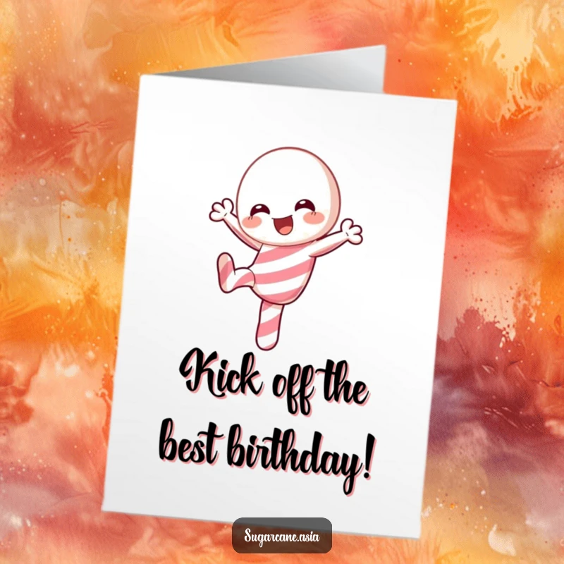 Funny Free Printable Birthday Card featuring a joyful Kawaii candy cane character performing a high, playful kick with enthusiasm.