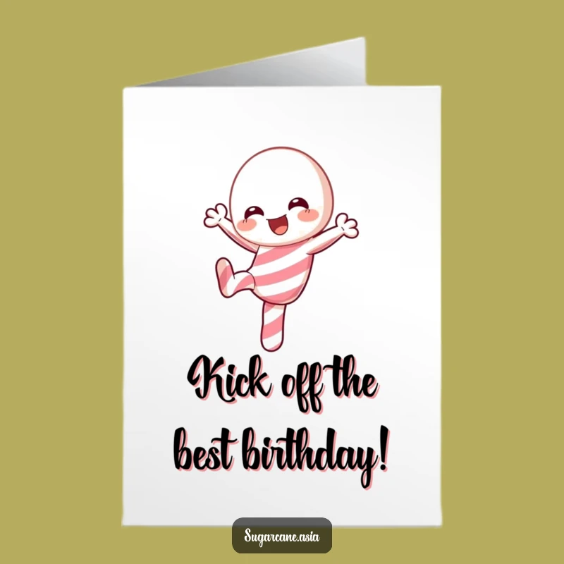 Free Printable Birthday Card: Funny Kawaii Candy Cane Kick, Perfect Downloadable Gift