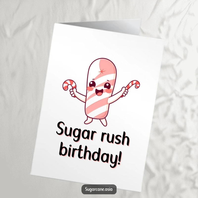 Funny Free Printable birthday card with a cheerful sugarcane character happily waving a small candy cane.