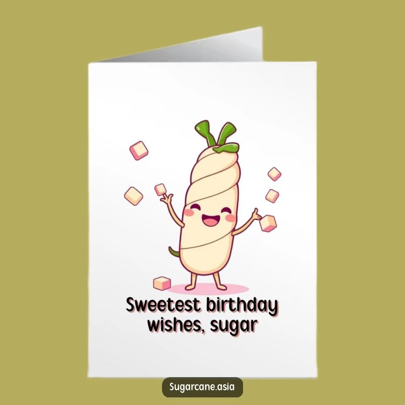 Free Printable Birthday Card: Funny Kawaii Sugarcane Juggling Cubes, Downloadable Gift