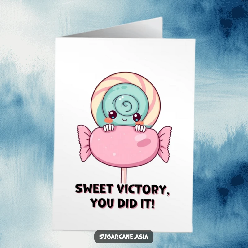 Funny Free Printable Congratulations Card with an inquisitive Kawaii lollipop character peeking curiously over a gigantic, festive candy wrapper.