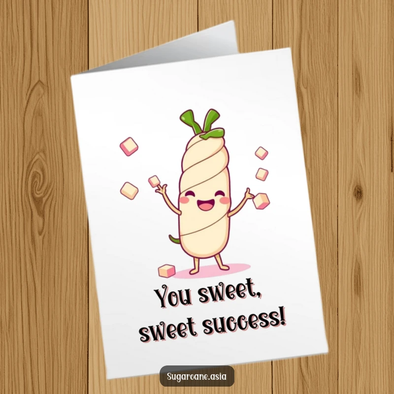 Funny Free Printable Congratulations Card with a happy Kawaii sugarcane stalk character juggling multiple small sugar cubes with glee.
