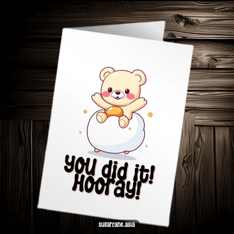 Funny Free Printable Congratulations Card showing a happy Kawaii gummy bear mid-bounce on a huge marshmallow.