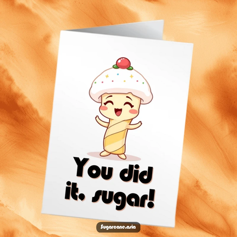 Funny Free Printable congratulations card showing a giggling sugarcane character failing comically to wear a spun sugar hat.