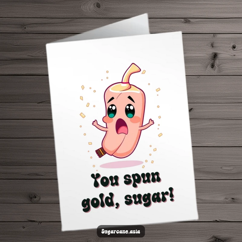 Funny Free Printable congratulations card showing a surprised sugarcane character in a rapid spin, scattering sugar crystals like confetti.