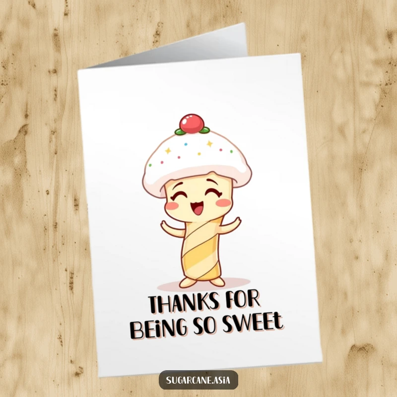 Funny Free Printable thank you card with a giggling sugarcane character hilariously failing to put on a spun sugar hat.