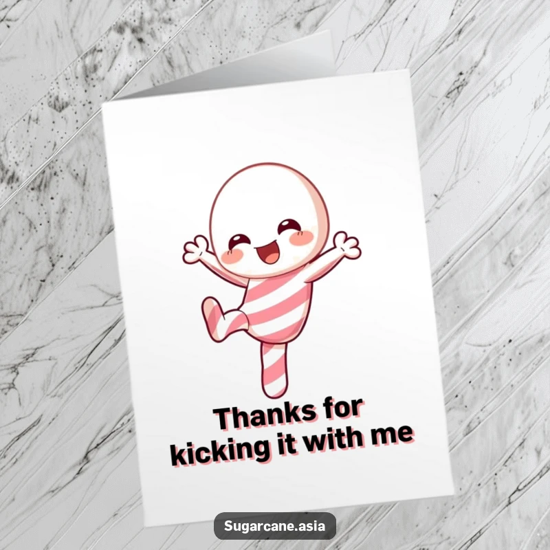 Funny Free Printable Thank You Card featuring a sprightly Kawaii candy cane character doing a cheerful, playful kick.