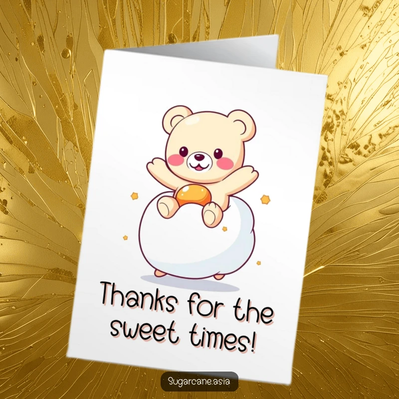 Funny Free Printable Thank You Card with a joyful Kawaii gummy bear character bopping on a massive marshmallow.