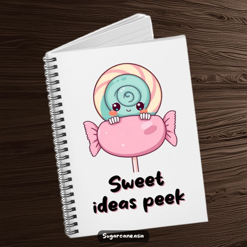 Funny Kawaii lollipop notebook, curiously peeking over a giant candy wrapper, symbolizing sweet inspiration and anime charm for notes.