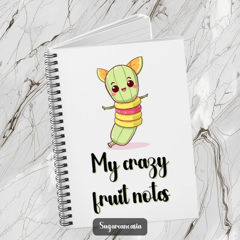 Funny notebook cover with a mischievous sugarcane character balancing a stack of fruit slices.