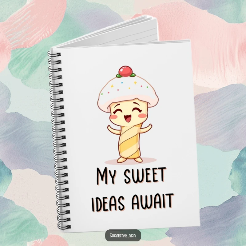 Funny notebook cover with a giggling sugarcane character attempting to wear a spun sugar hat.