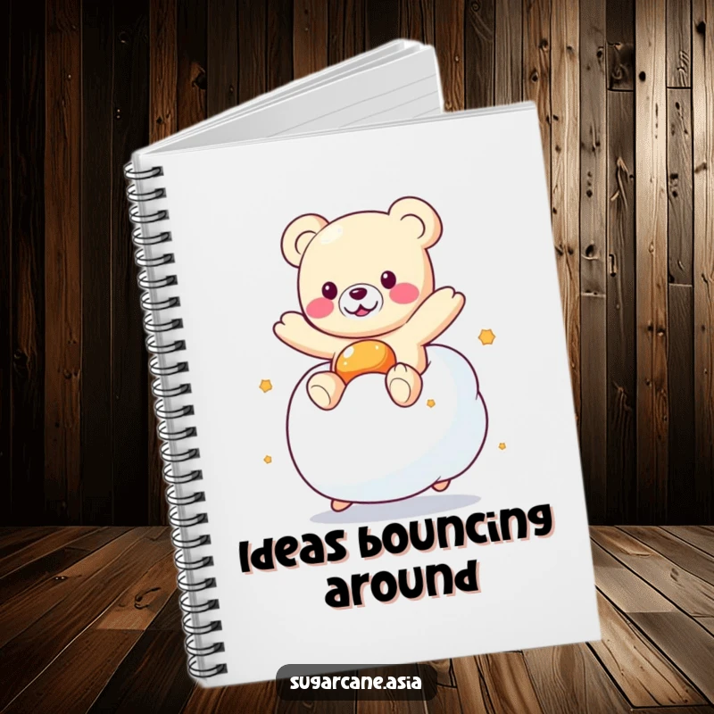 Funny Kawaii gummy bear character bouncing on a marshmallow, ideal for a cute, humorous notebook cover.