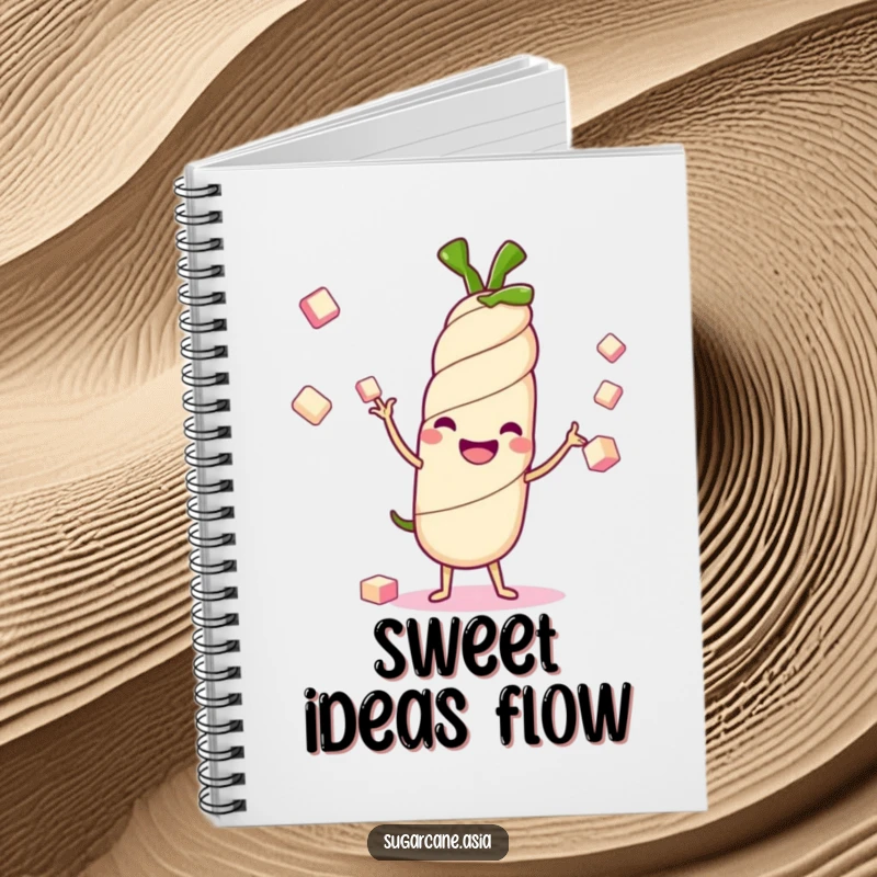 Funny Kawaii sugarcane stalk notebook, cheerfully juggling sugar cubes, symbolizing sweet inspiration and fun for anime lovers' notes.