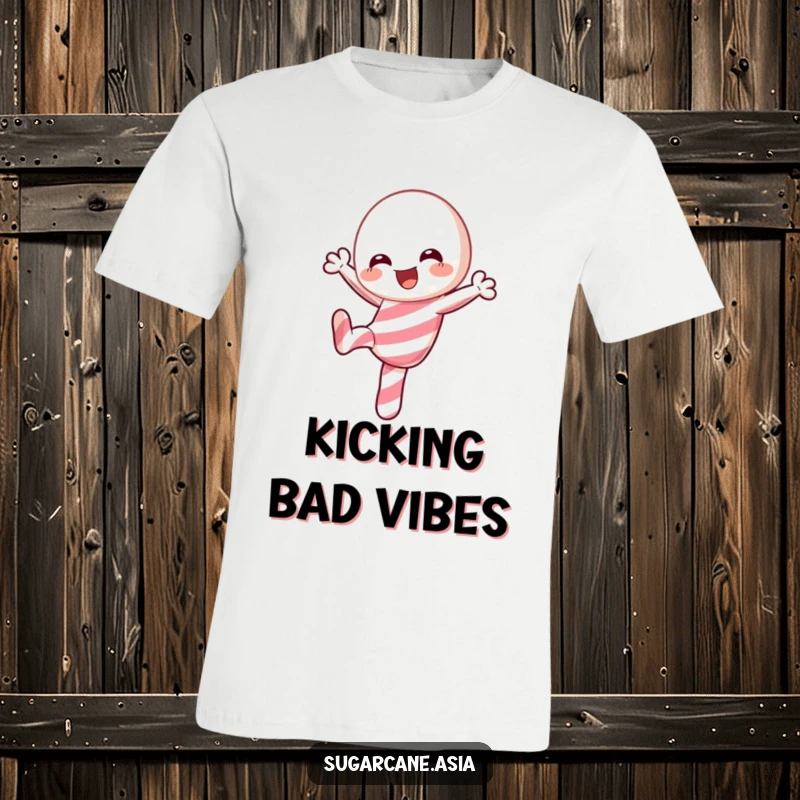 Funny Kawaii candy cane t-shirt, executing a playful kick with joyful abandon, embodying festive energy and anime charm.