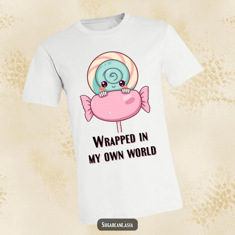 Funny Kawaii lollipop t-shirt, curiously peeking over a large candy wrapper, with a sweet and mischievous anime expression.