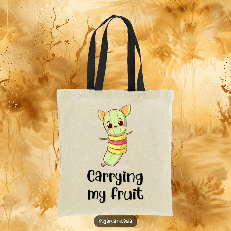 Funny tote bag showing a mischievous sugarcane character balancing a wobbly stack of fruit slices.