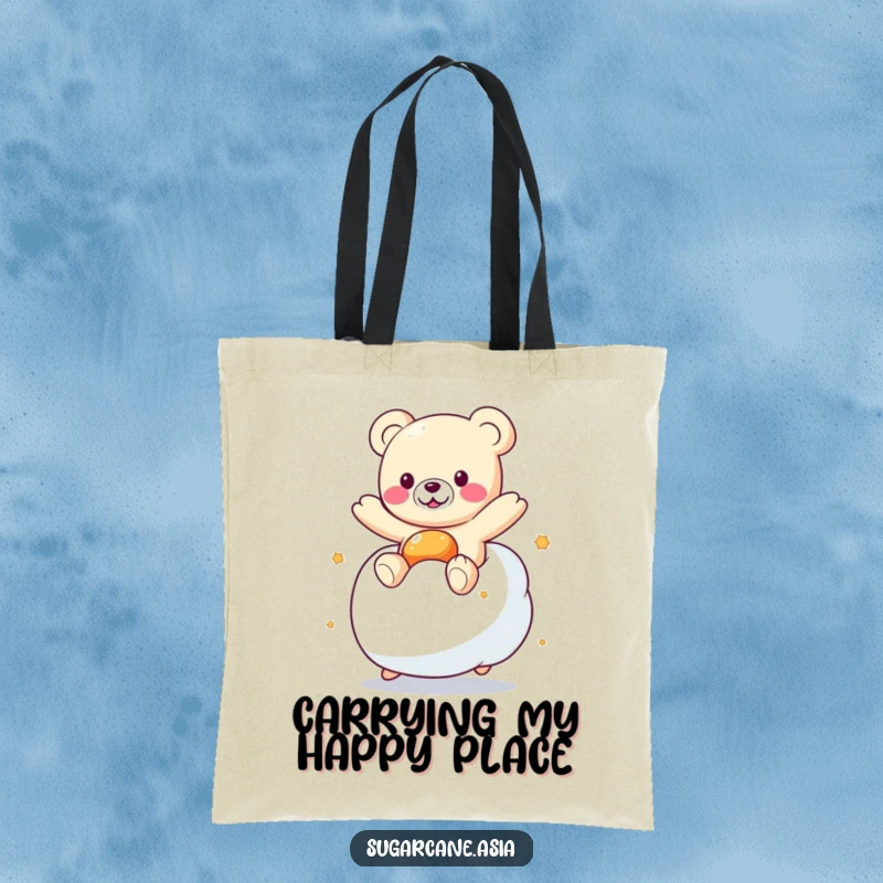 Funny Kawaii gummy bear character energetically bouncing on a large marshmallow, perfect for a cheerful, humorous tote bag.