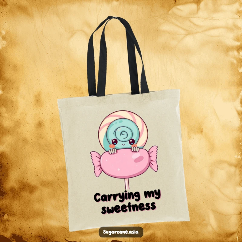 Funny Kawaii lollipop tote bag, curiously peeking over a giant candy wrapper, showcasing sweet anime charm for everyday use.