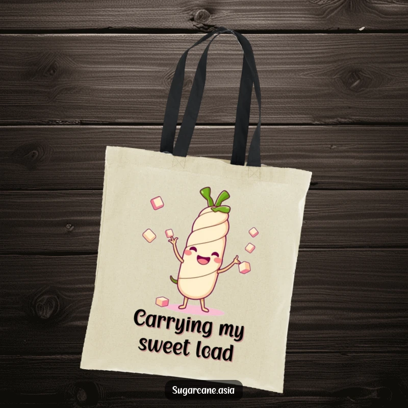 Funny Kawaii sugarcane stalk tote bag, happily juggling sugar cubes, showcasing a cheerful and sweet anime design for everyday use.