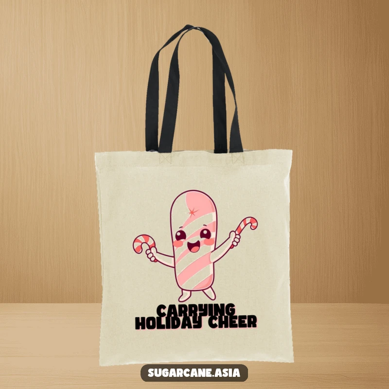 Funny tote bag showing a cheerful sugarcane character holding and waving a tiny candy cane.