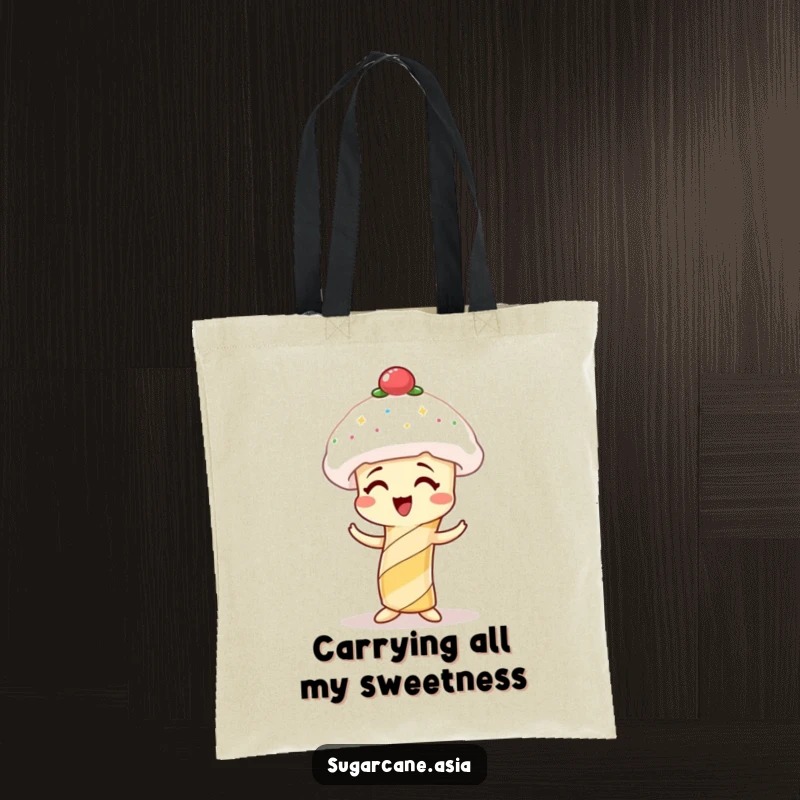 Funny tote bag showcasing a laughing sugarcane character attempting to wear a fluffy spun sugar hat.