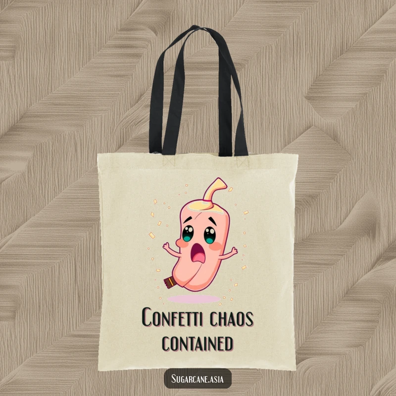 Funny tote bag with a surprised sugarcane character spinning and spilling sugar crystals like colorful confetti.
